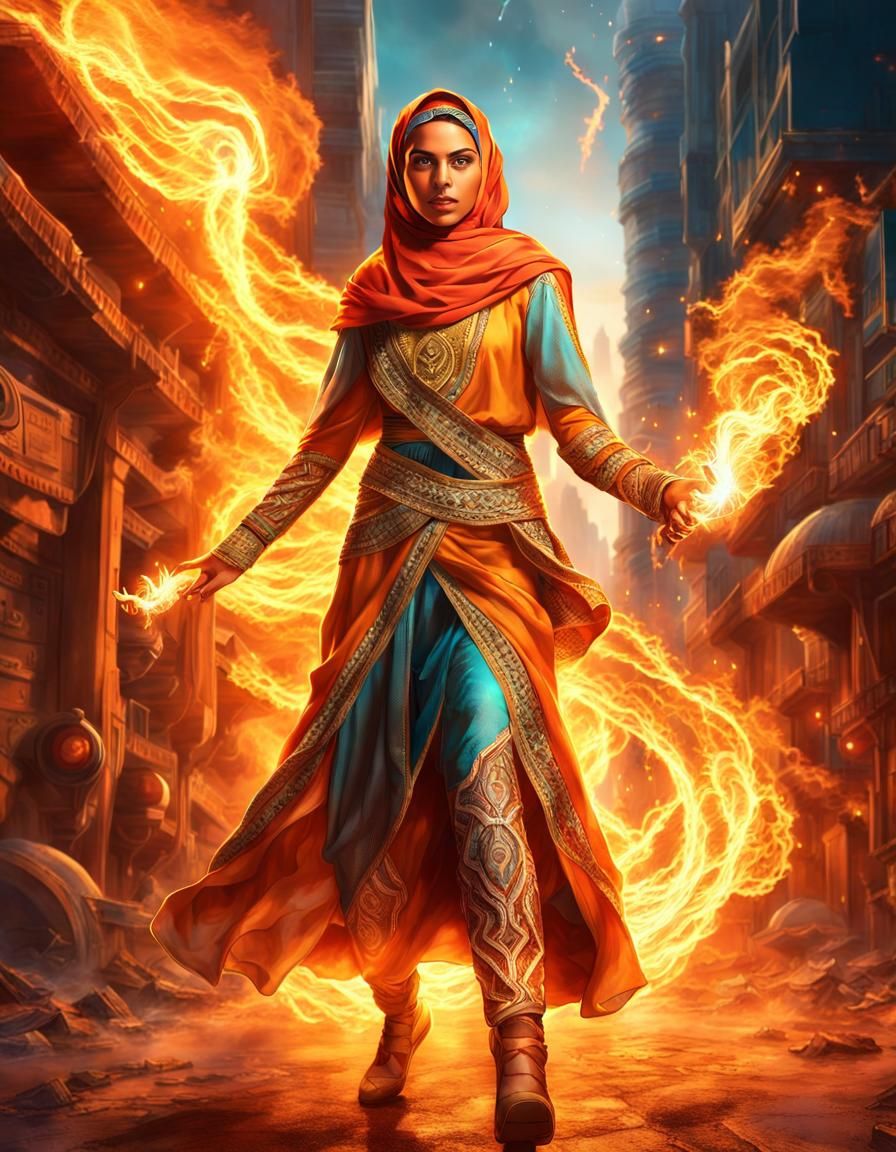 Fiery Arab Woman in Burning Futuristic City