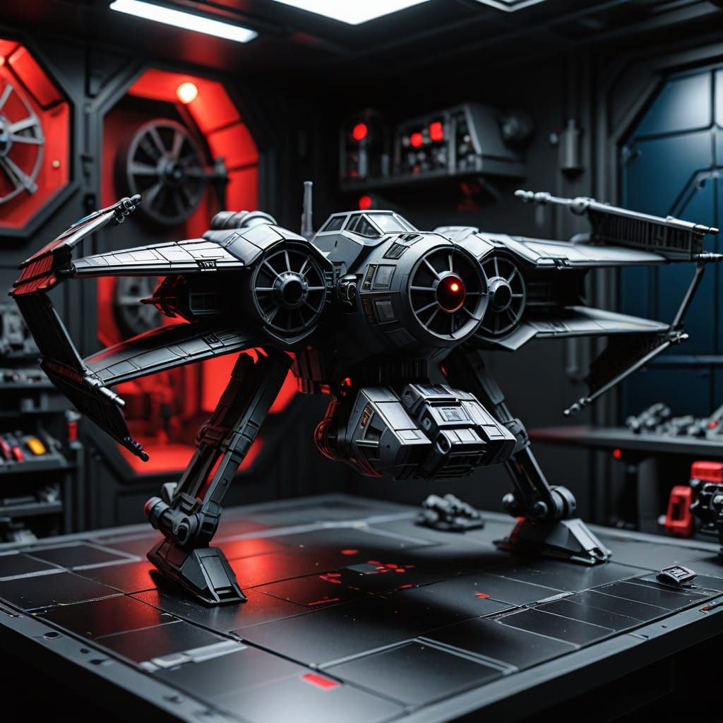 Sleek Sci-Fi TIE Fighter Assembly on Industrial Workbench