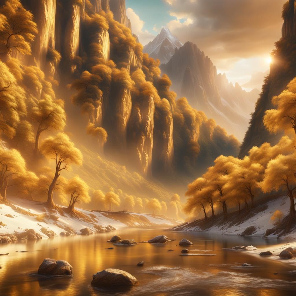 Golden River Flowing Down a Mountain: Digital Matte Painting