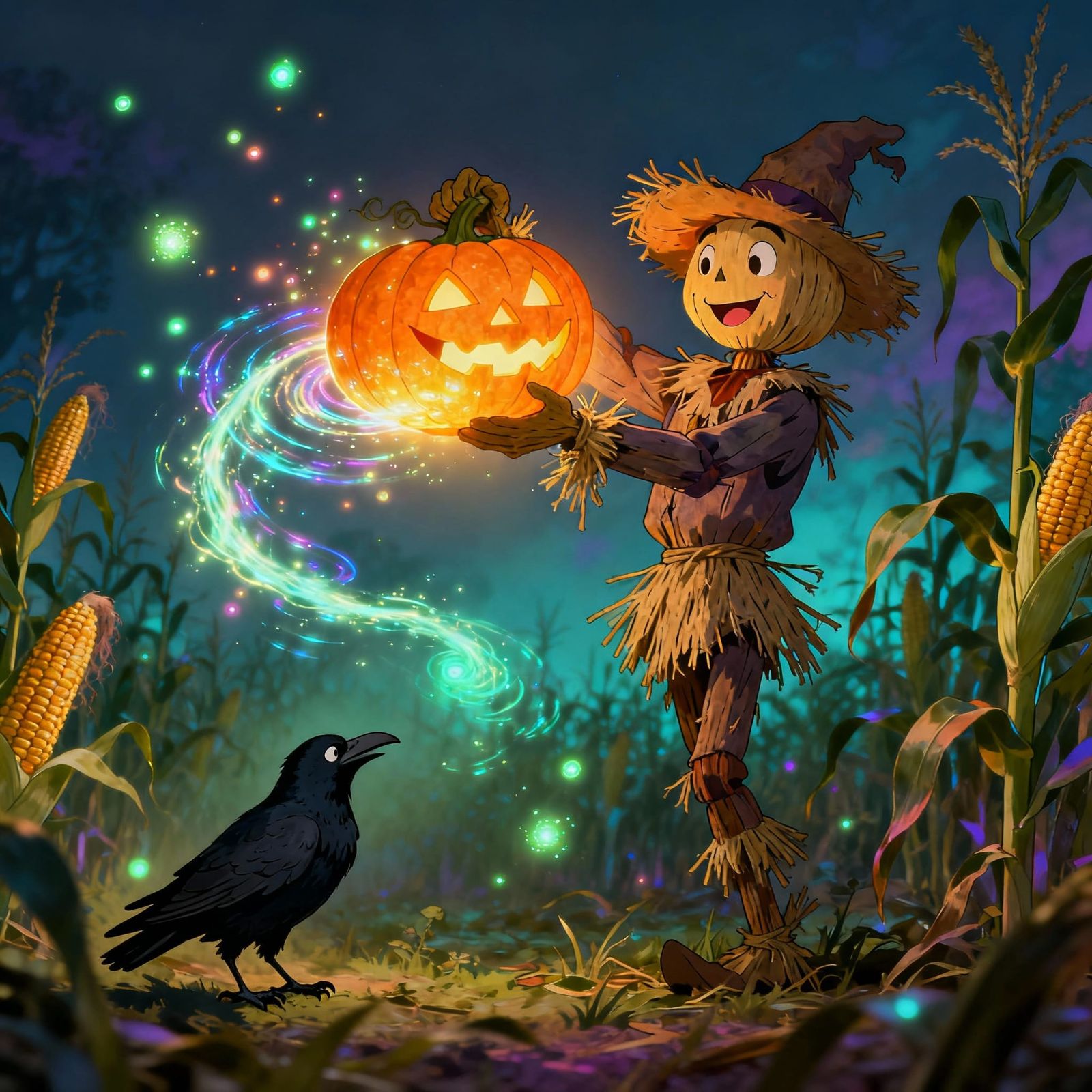 Scarecrow Lifts Magical Jack-o'-Lantern in Animated Scene