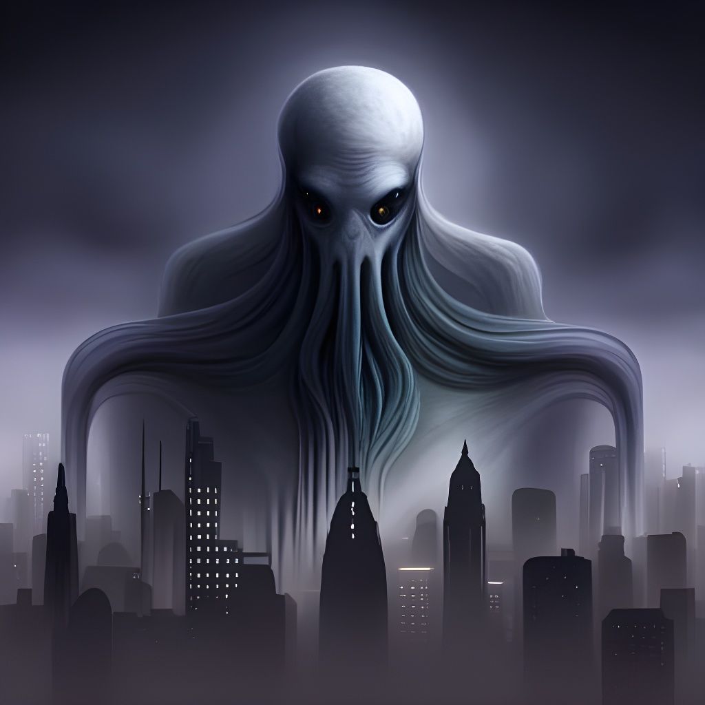 Cthulhu-like Creature in Foggy City, Surreal Digital Paintin...