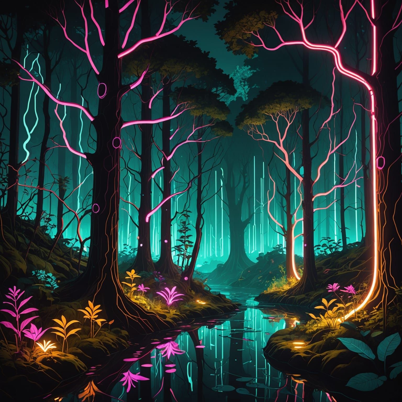 Neon-Lit Circuit Board Forest with Glowing Flora
