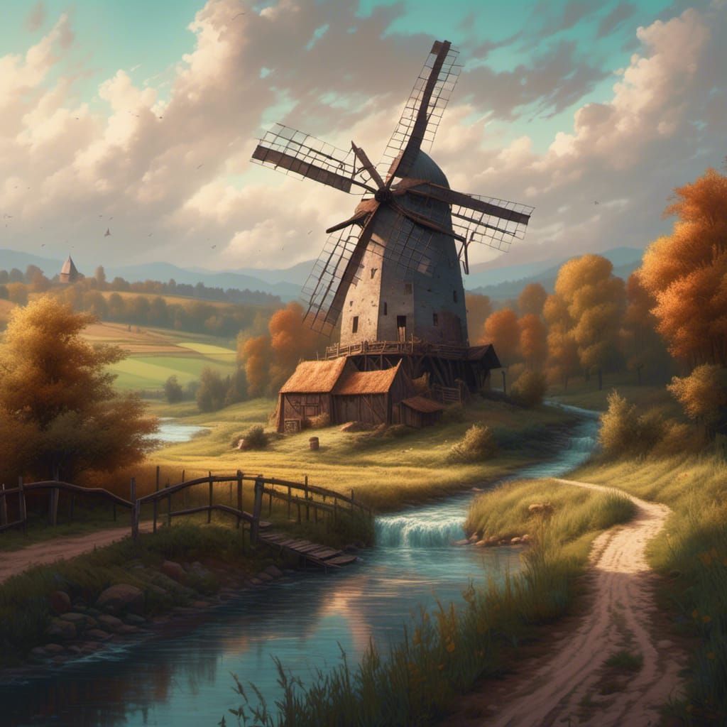 Medieval Windmill in Hyperrealistic Landscape