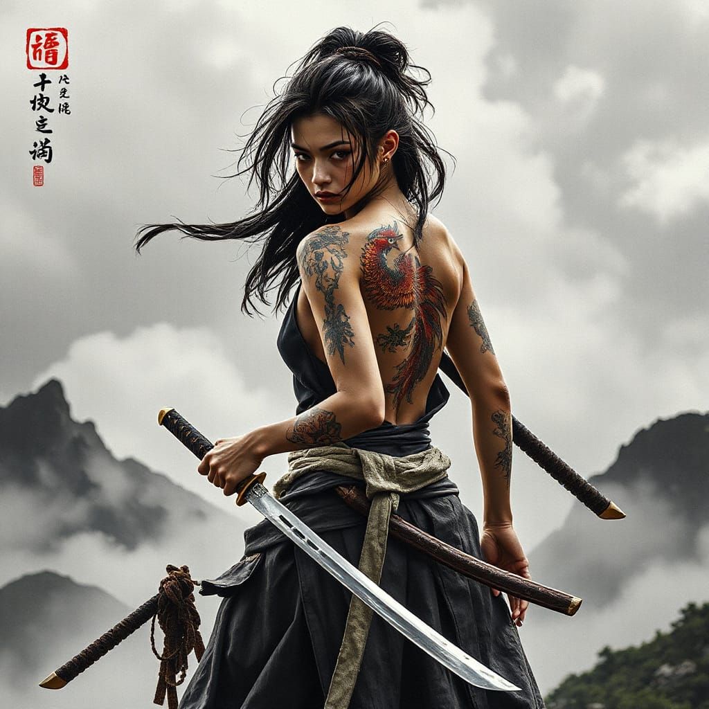 Surreal Warrior Goddess Stands on Mountain Peak in Japanese ...