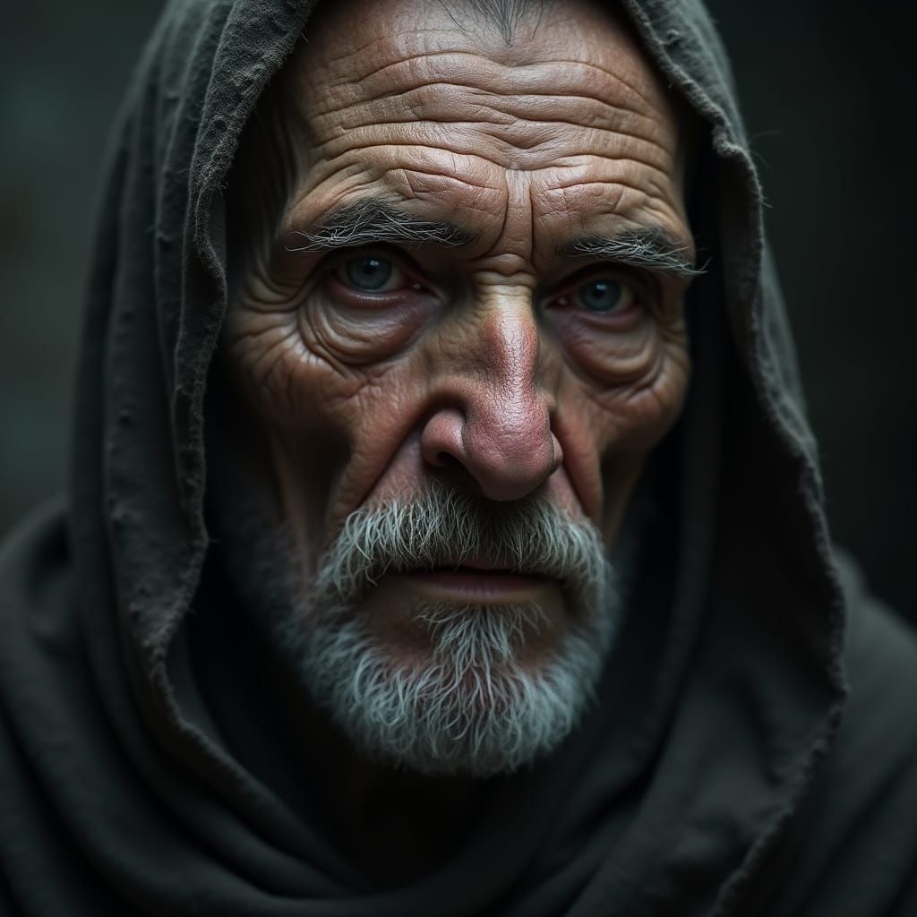 Aged Hermit Contemplating Life's Hardships