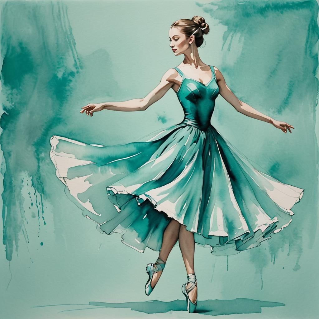 rough sketch of a ballerina in turquoise tones, watercolor