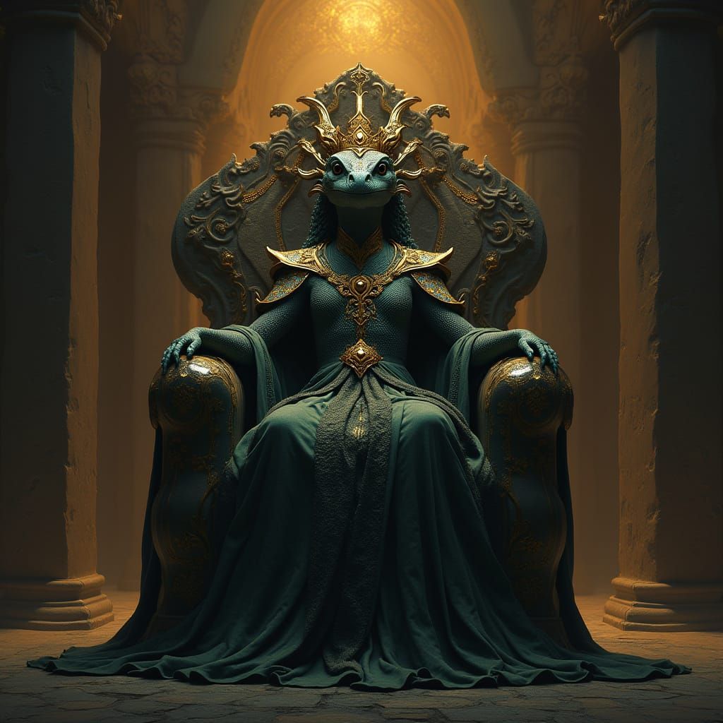Mysterious Reptilian Queen Elizabeth in Dark, Futuristic Thr...
