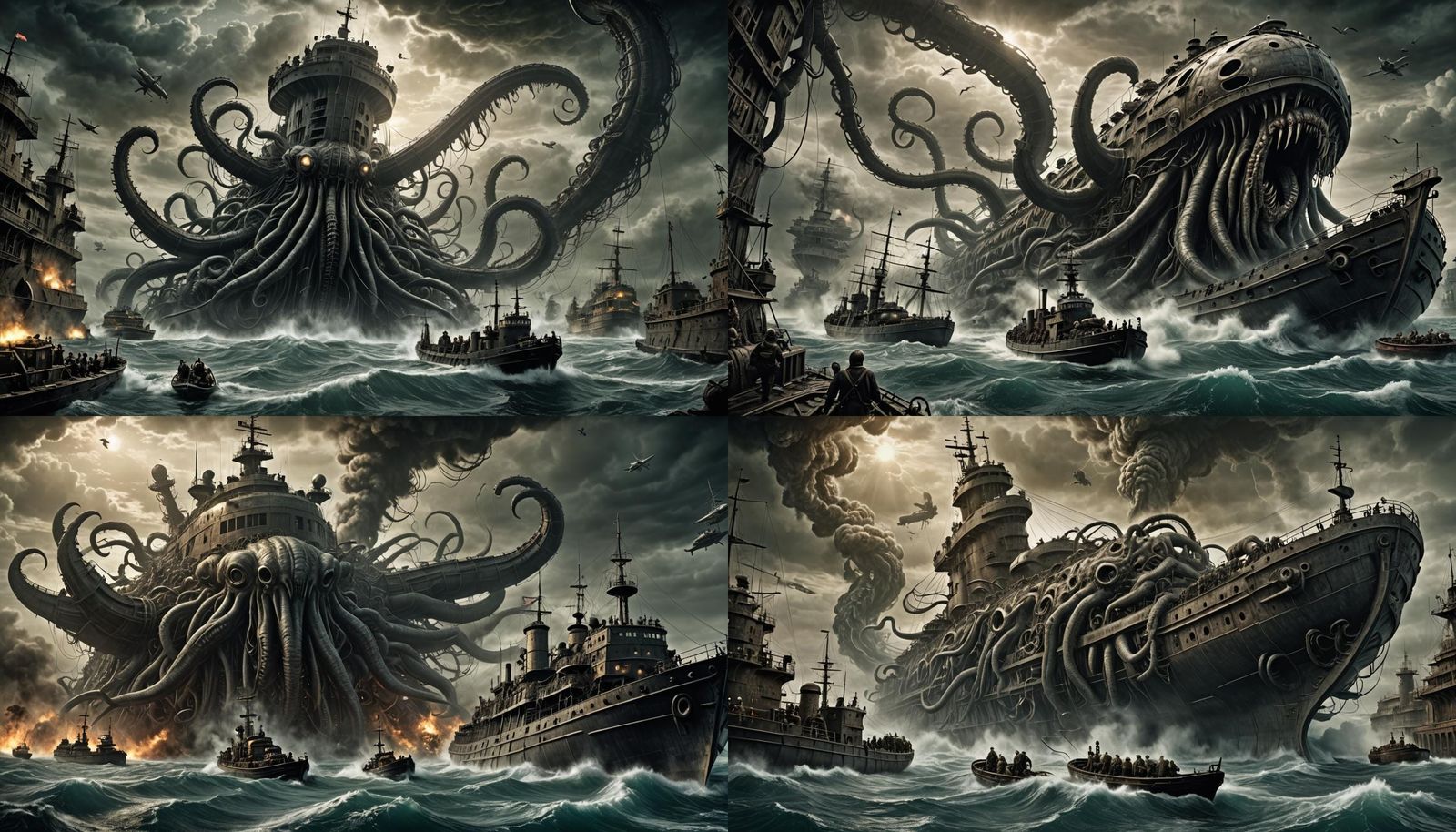 Kraken Attack on U-Boat in Biomechanical Style