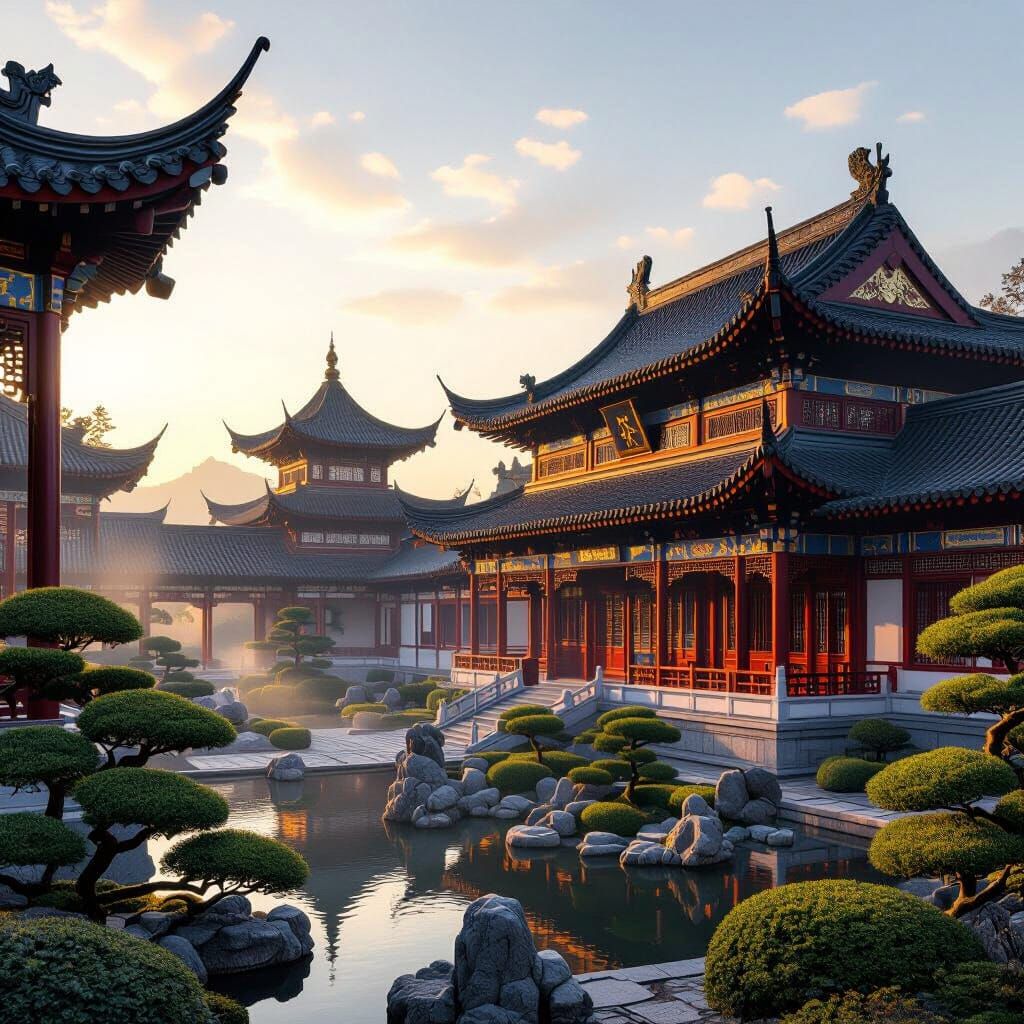 Majestic Ancient Chinese Palace Amidst Serene Gardens