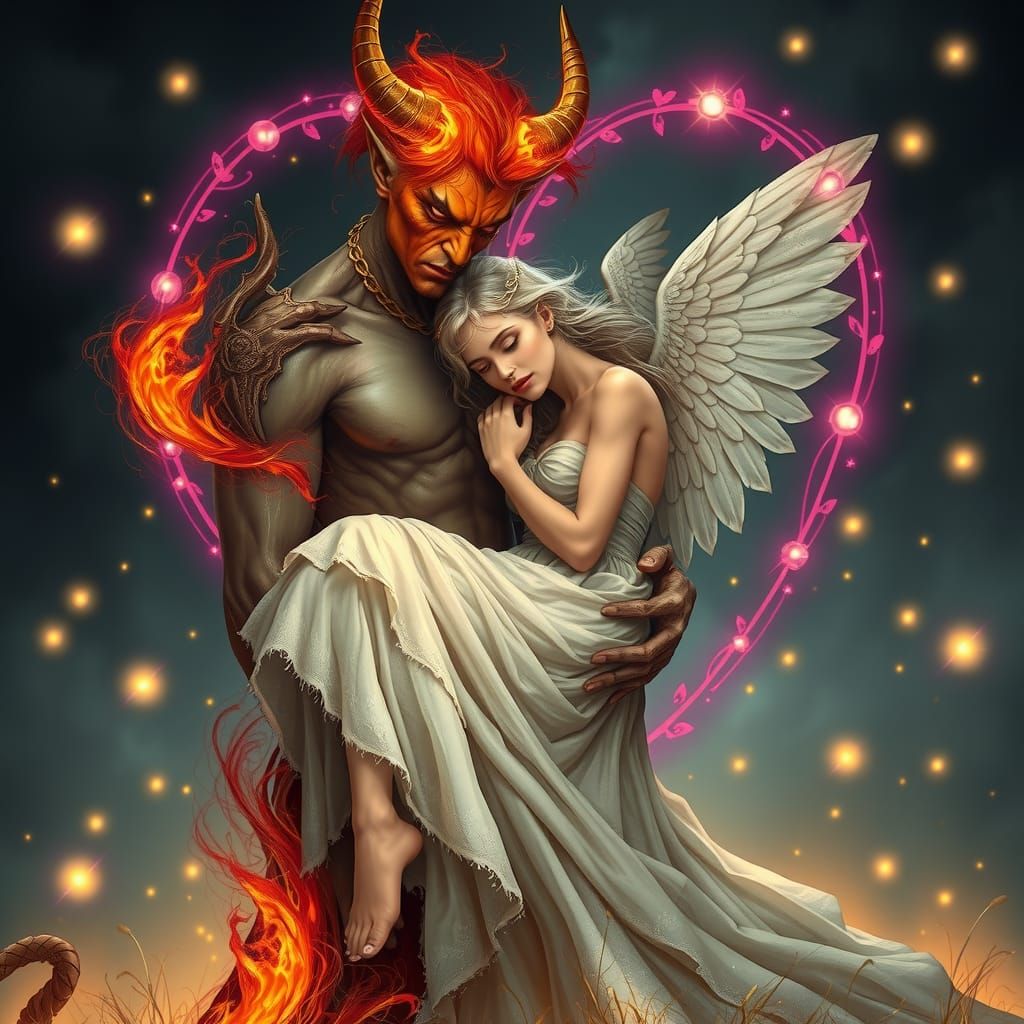 Demon Comforting Angel in Romantic Embrace