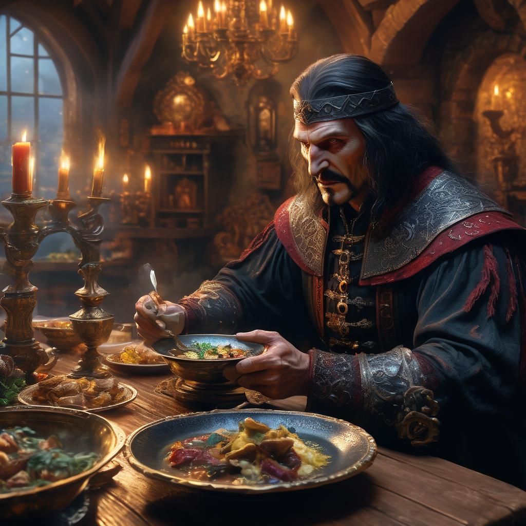 Vlad the Impaler at Dinner in a Kinkade Style