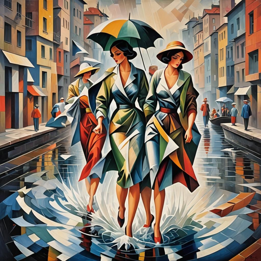 Abstract Cubist Plastics Escape Downriver in Rain