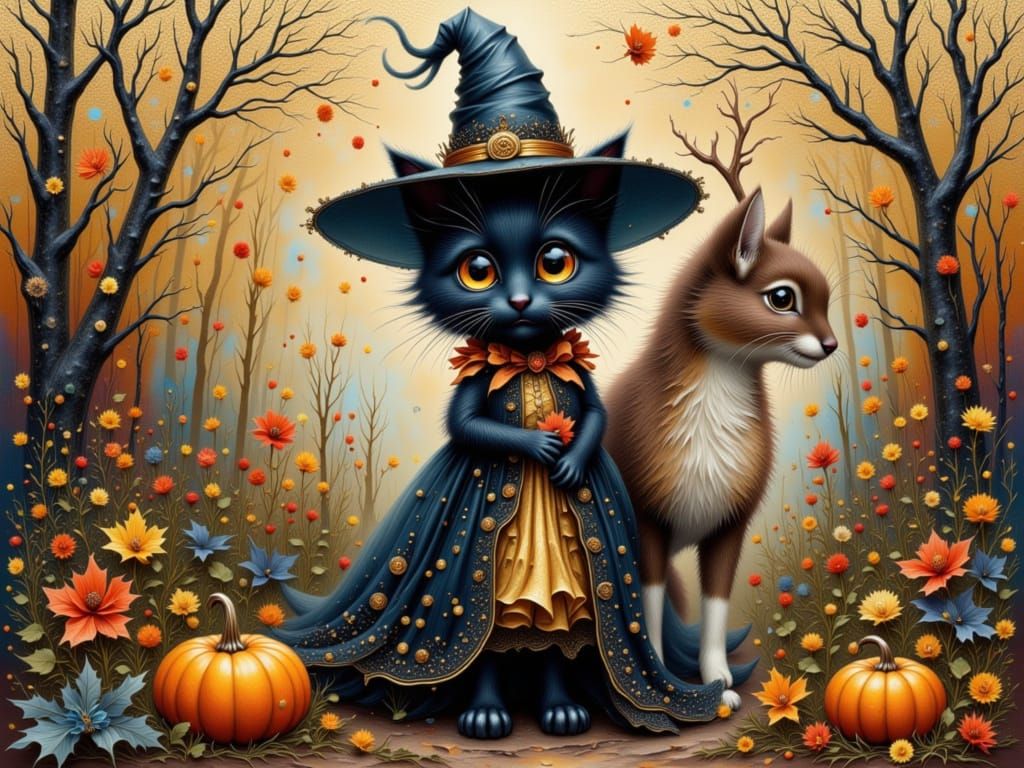 Furry Cat and Reindeer in Halloween Christmas Scene