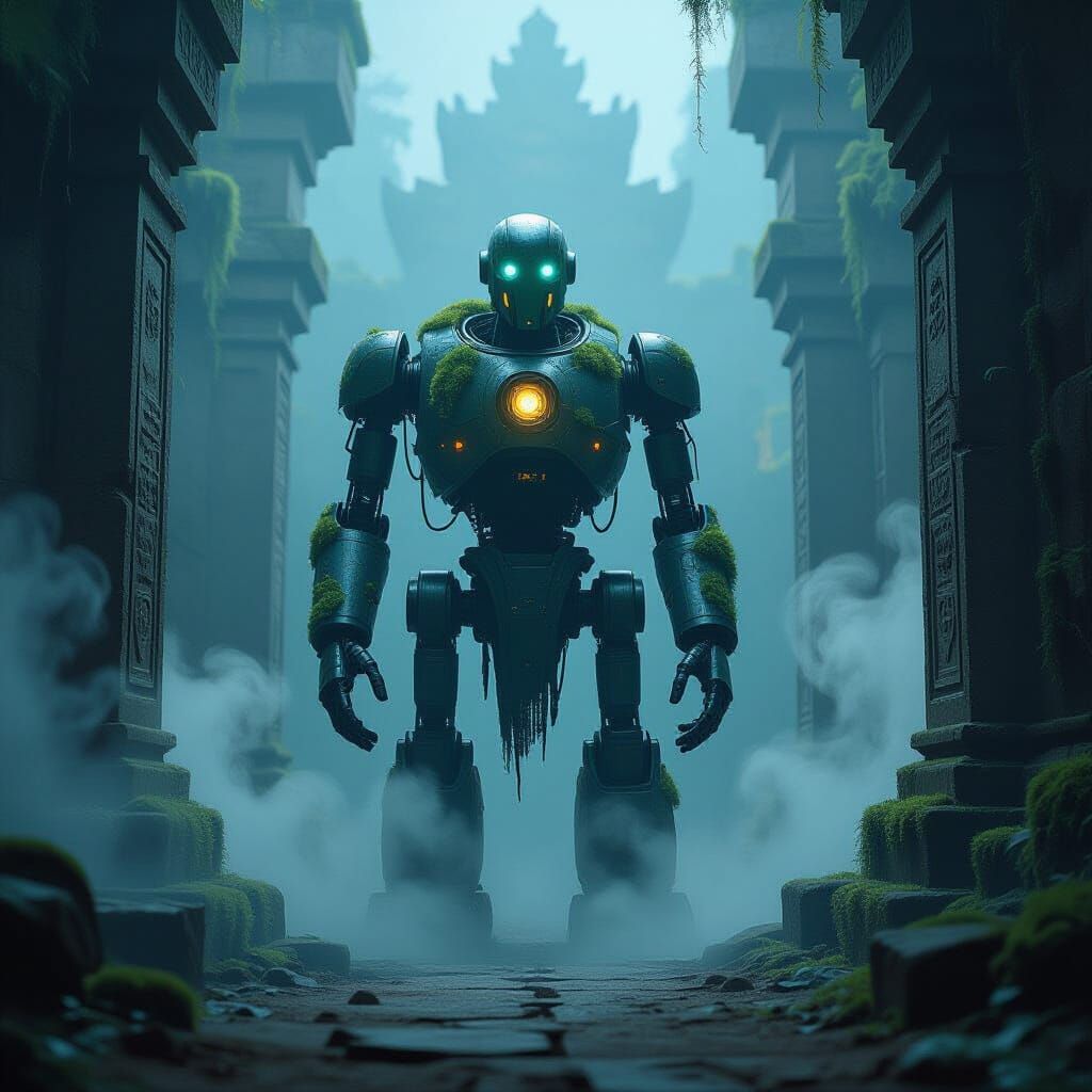 Ancient Robot Guards Moss-Covered Temple Entrance in Etherea...