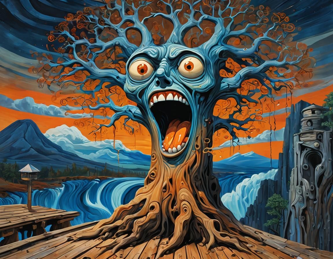 Emotive Screaming Tree on Bridge in Maximalist Style