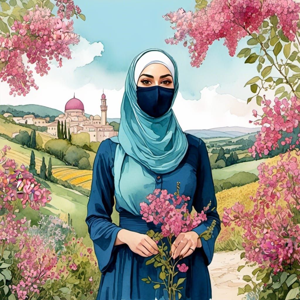 Beautiful Hijabi Student in Floral Landscape Watercolor