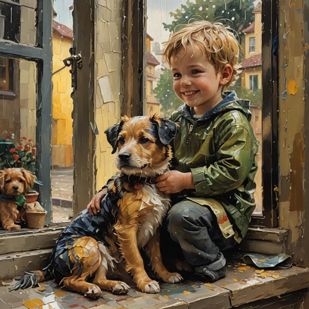 Toddler and Dog Watching Rain, Expressionist Oil Painting