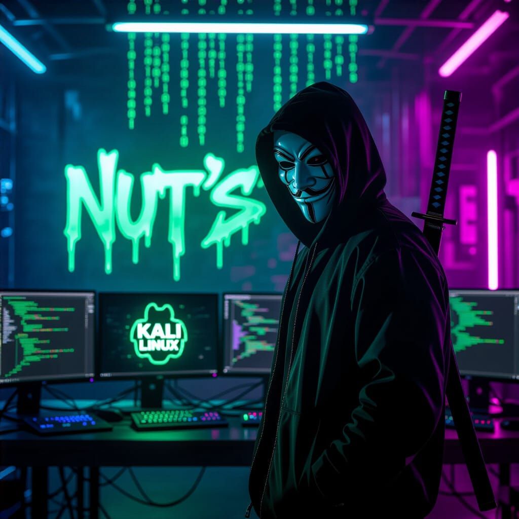Cyberpunk Hacker in Mask Holds Katana, Neon Lit Room