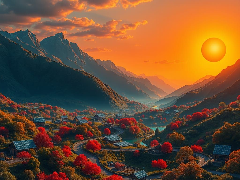 Solarpunk Landscape with Vertical Gardens and Solar Lakes