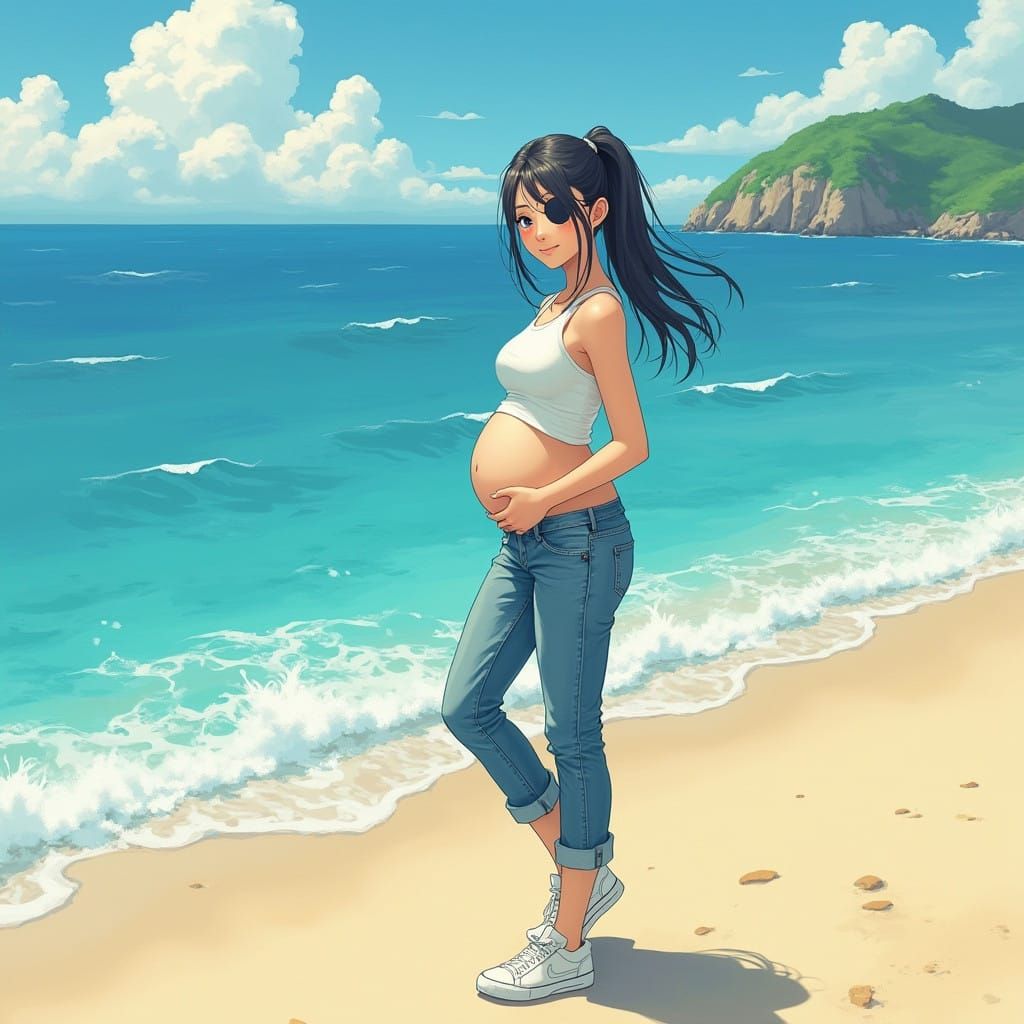 Confident Pregnant Woman in Sun-Kissed Beach Scene with Unre...
