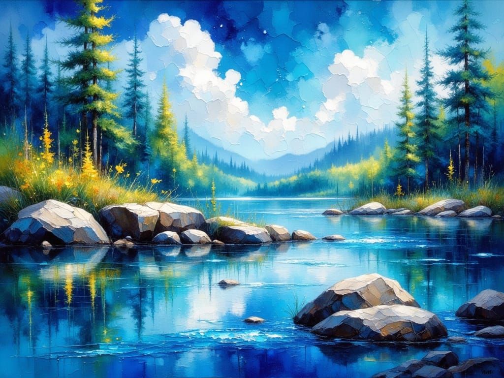 Blue River in Expressive Impasto Style