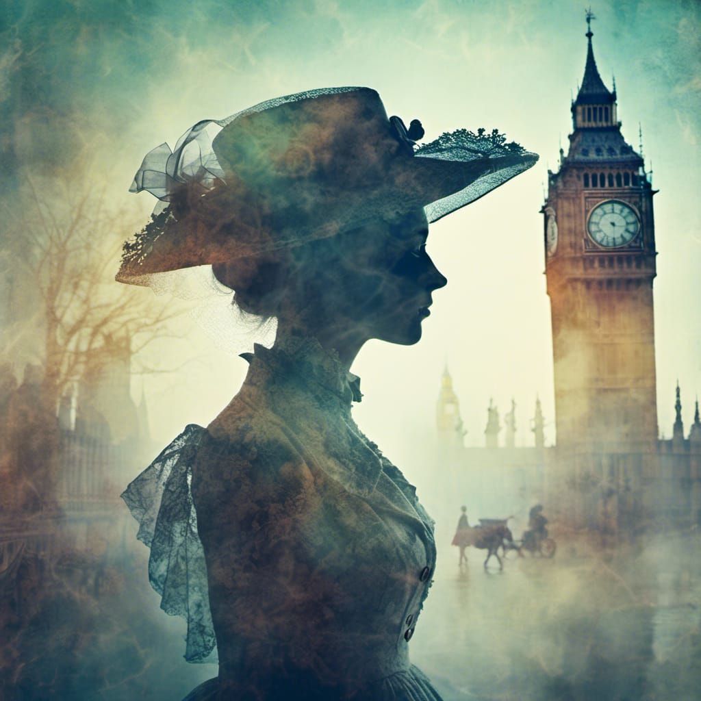 Victorian Lady Double Exposure in London: Digital Art