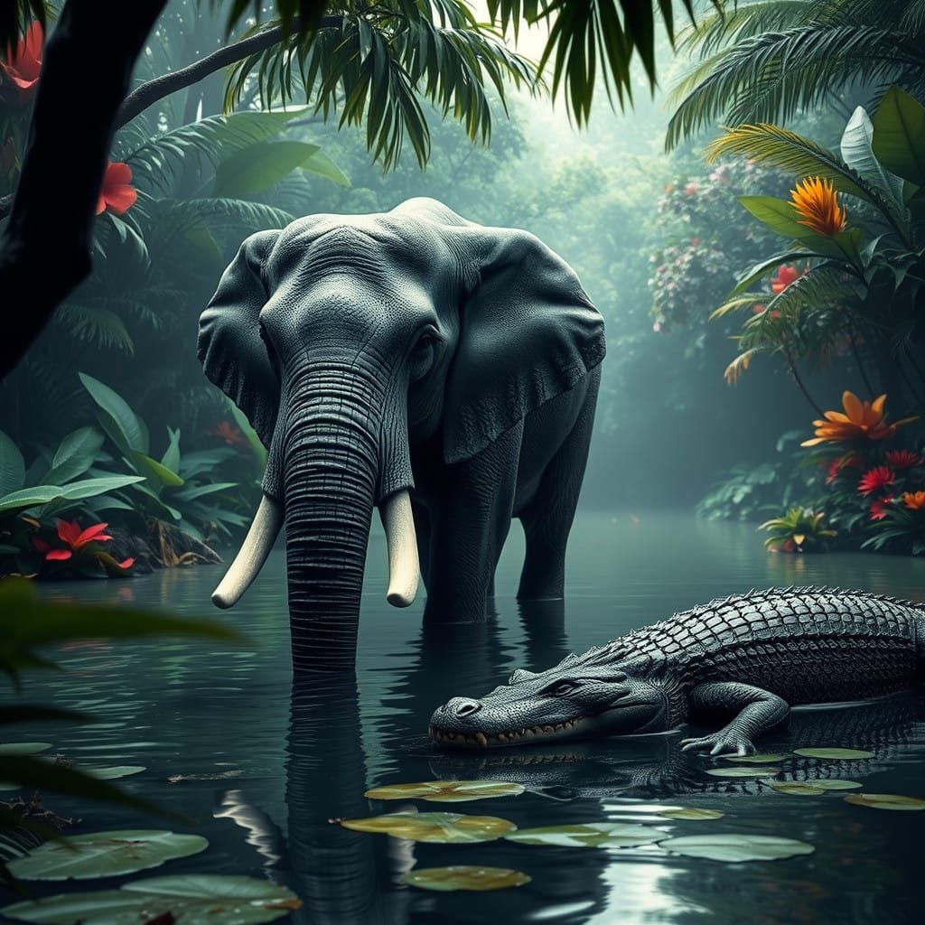 Majestic Elephant Surrounded by Tropical Lagoon and Caiman