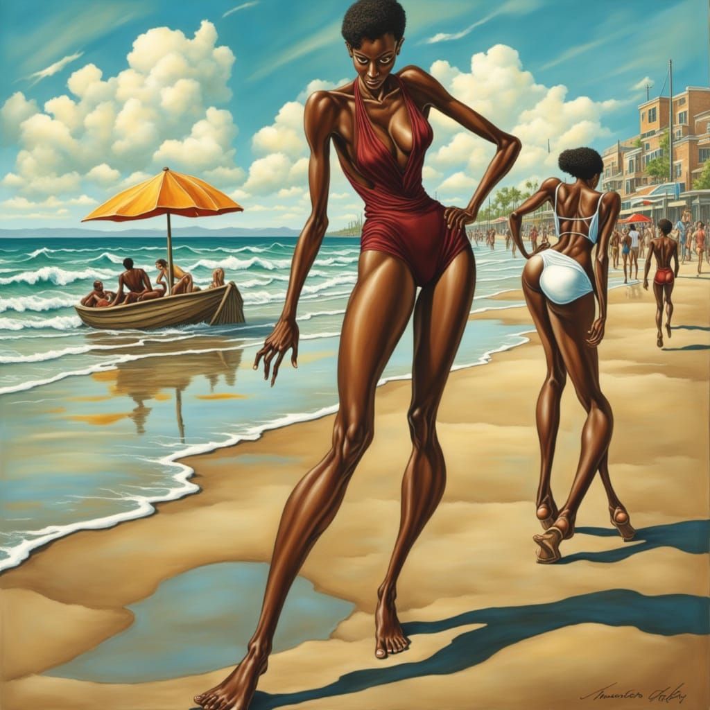 Edgy Pin-Up Woman on Boardwalk in Maroon Swimsuit