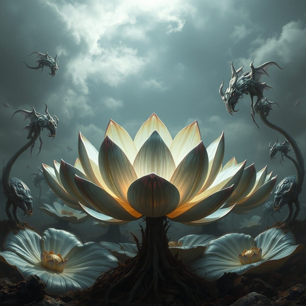 Chrome Lotus Flowers Reflecting Sky: Dark Fantasy Art