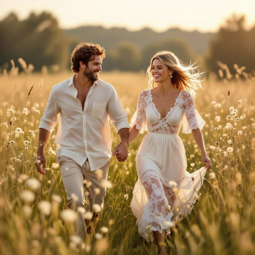 Summer Meadow Joy: Couple Running Through Flowers
