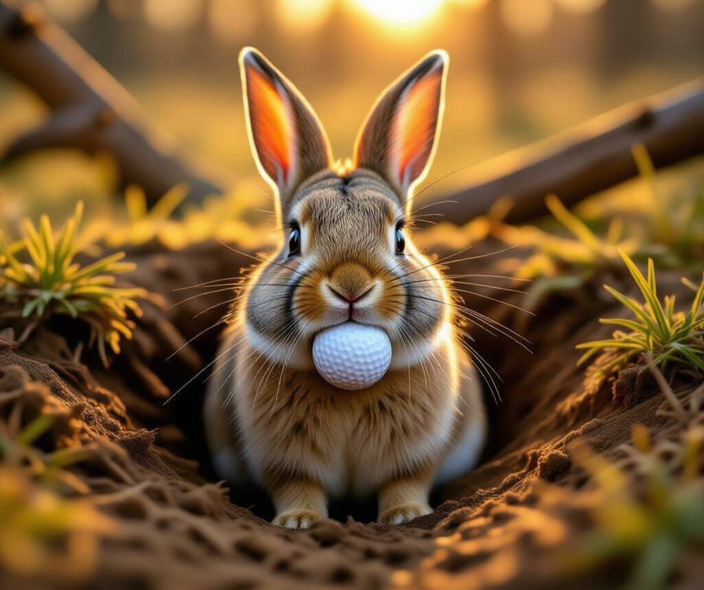 Rabbit Emerges From Burrow With Golf Ball at Dawn