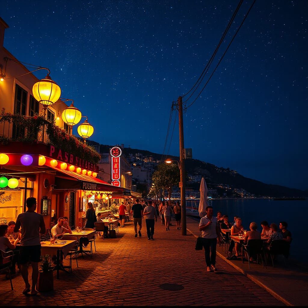 Vibrant Seaside Boulevard at Night in Summer