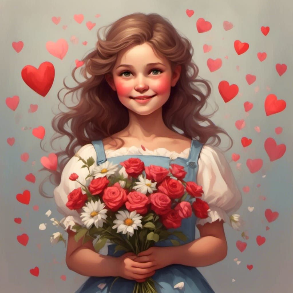 Happy Girl with Flowers and Hearts Digital Art
