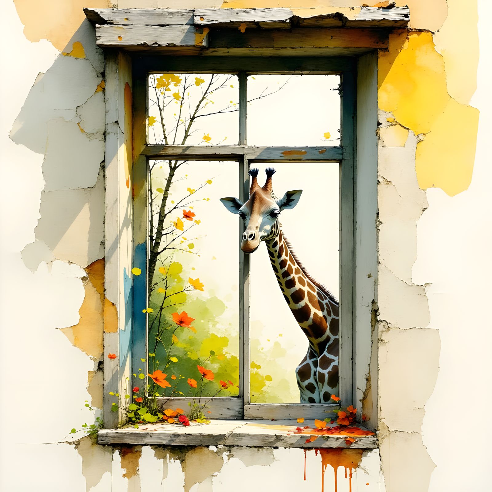 Watercolor Giraffe Peeking Through Old Window Frame