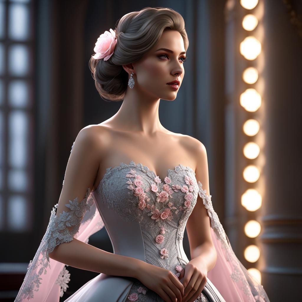 Woman in Gray Lace Gown with Pink Appliques