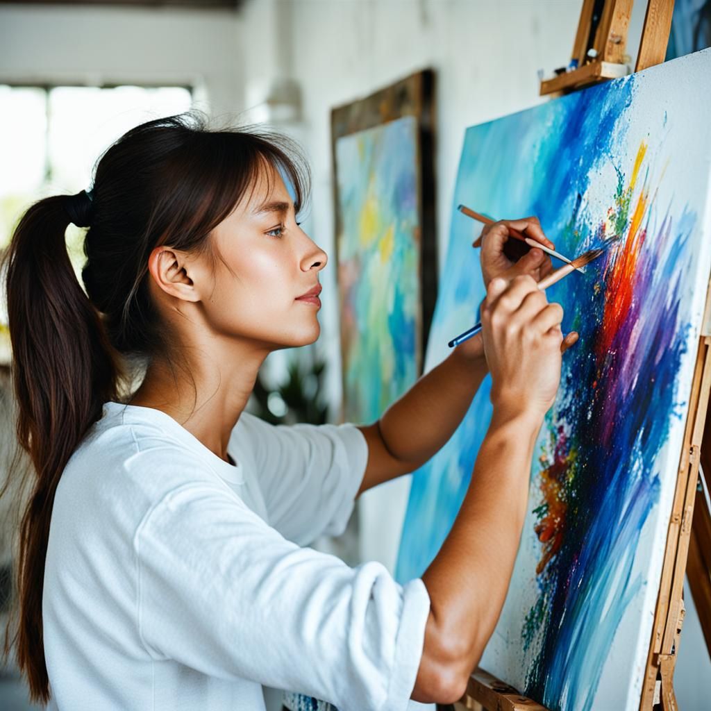 Focused Artist Creating a Masterpiece on Canvas