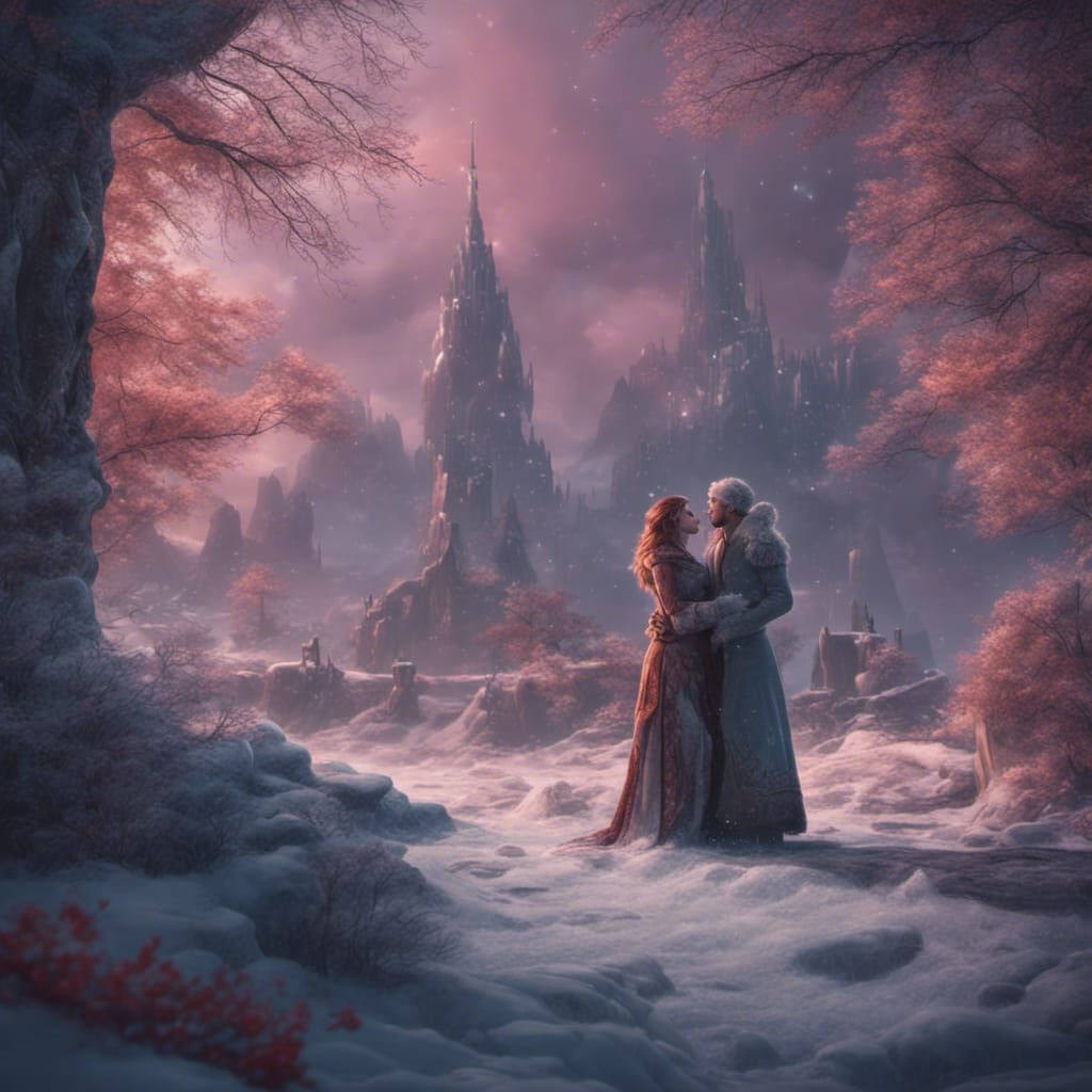 Lovers Embrace in a Fantastical Winter Landscape