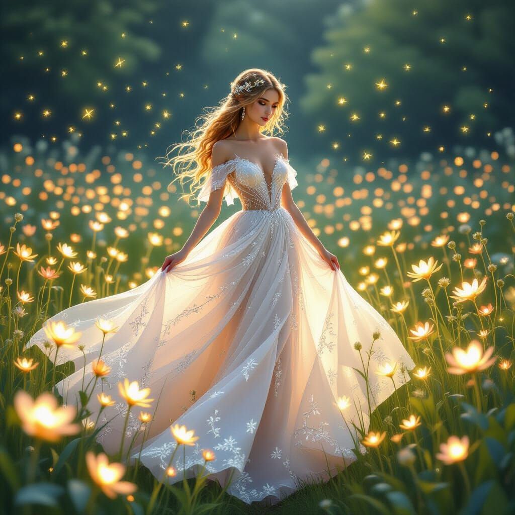 Ethereal Fae Princess in a Glowing Flower Field