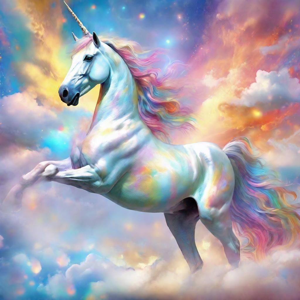 Joyful Unicorn in Whimsical Cloudscape: Fantasy Art