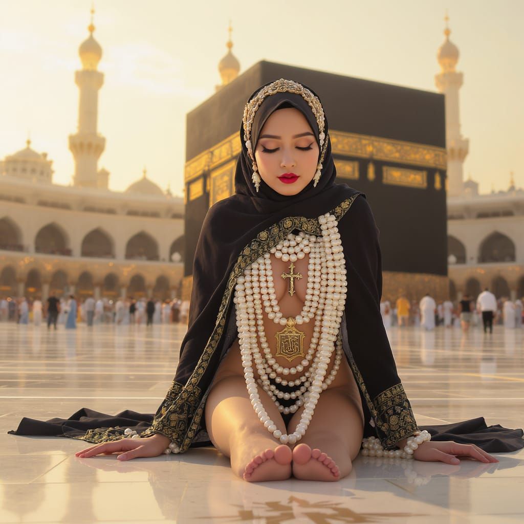 Woman in Hijab Prostrates Before the Kaaba
