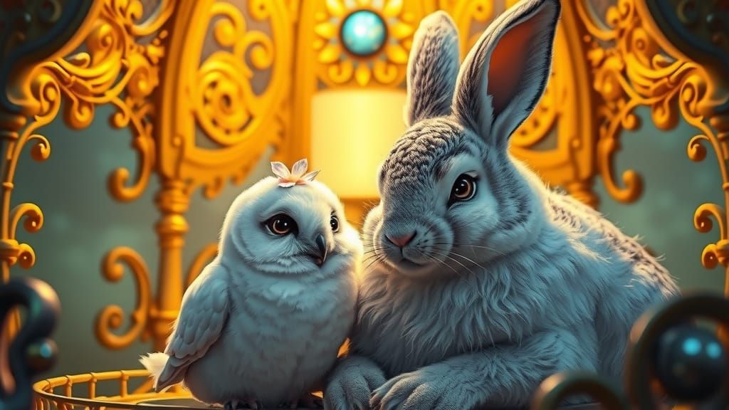 Enchanted Rococo Scene with Micro Owl and Giant Bunny