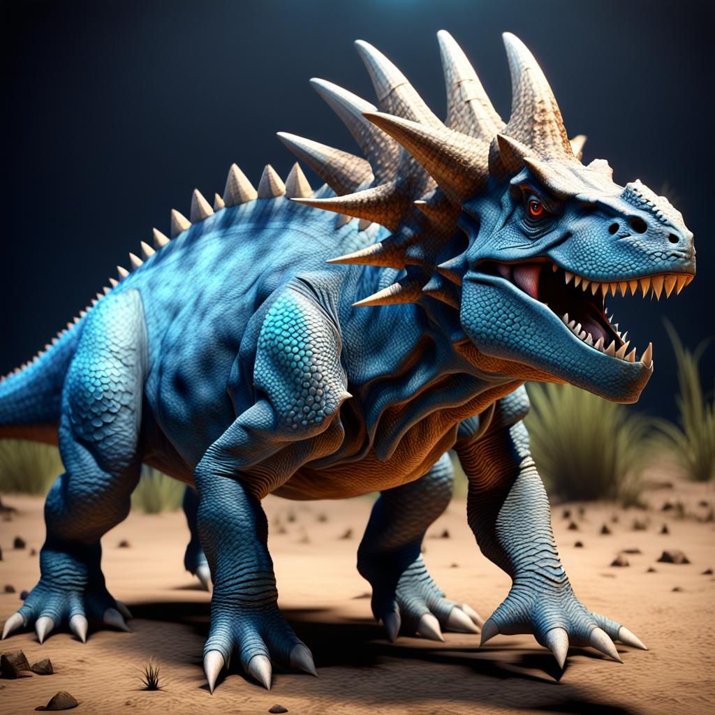 Bipedal Blue Dinosaur with Ceratopsian Crest, 3D Render
