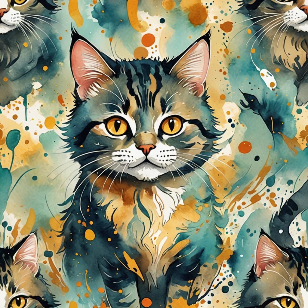Whimsical Cartoon Cat Creating Art in Watercolor