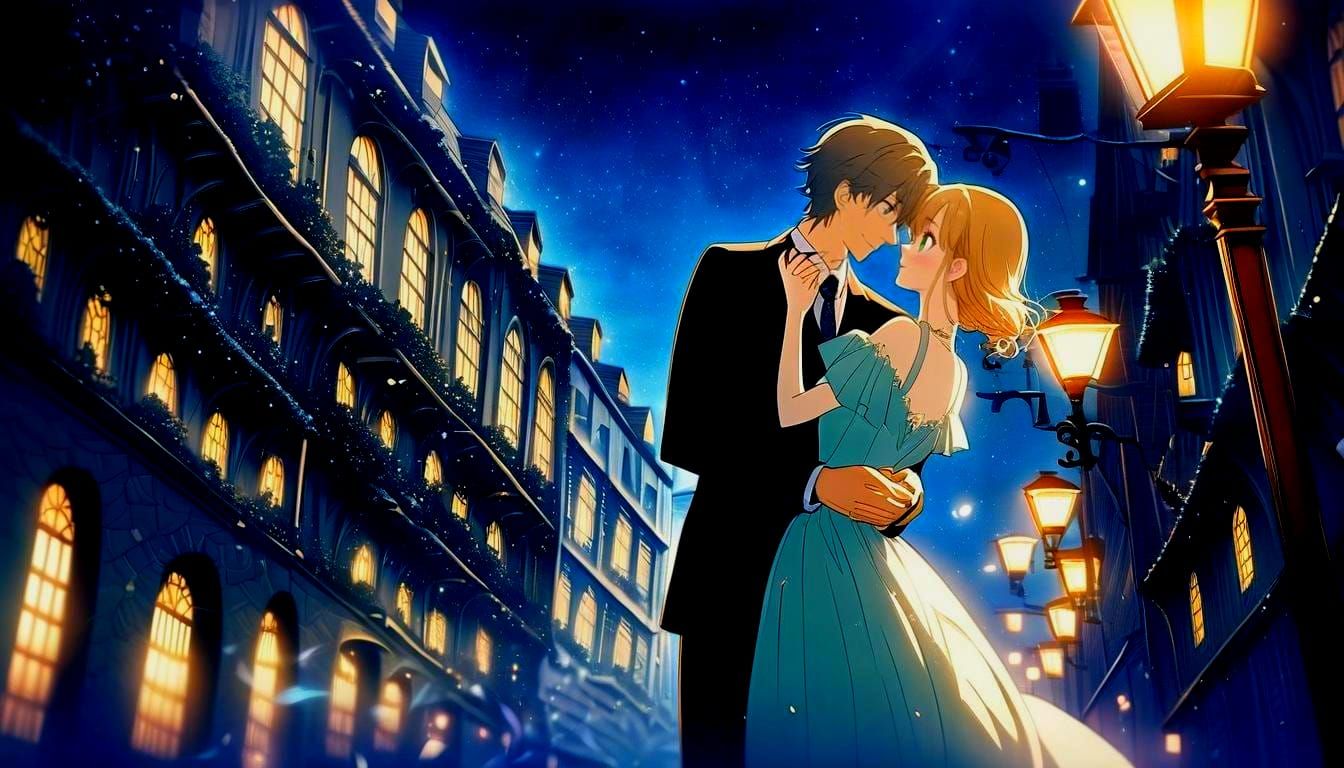 Romantic Dance Under Moonlight, in Anime Style