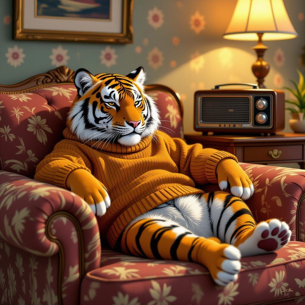 Tiger in Sweater Lounging on Couch, Digital Art