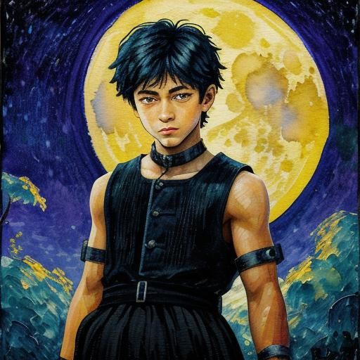 Boy Gazing at Moon in Neo-Impressionist Style