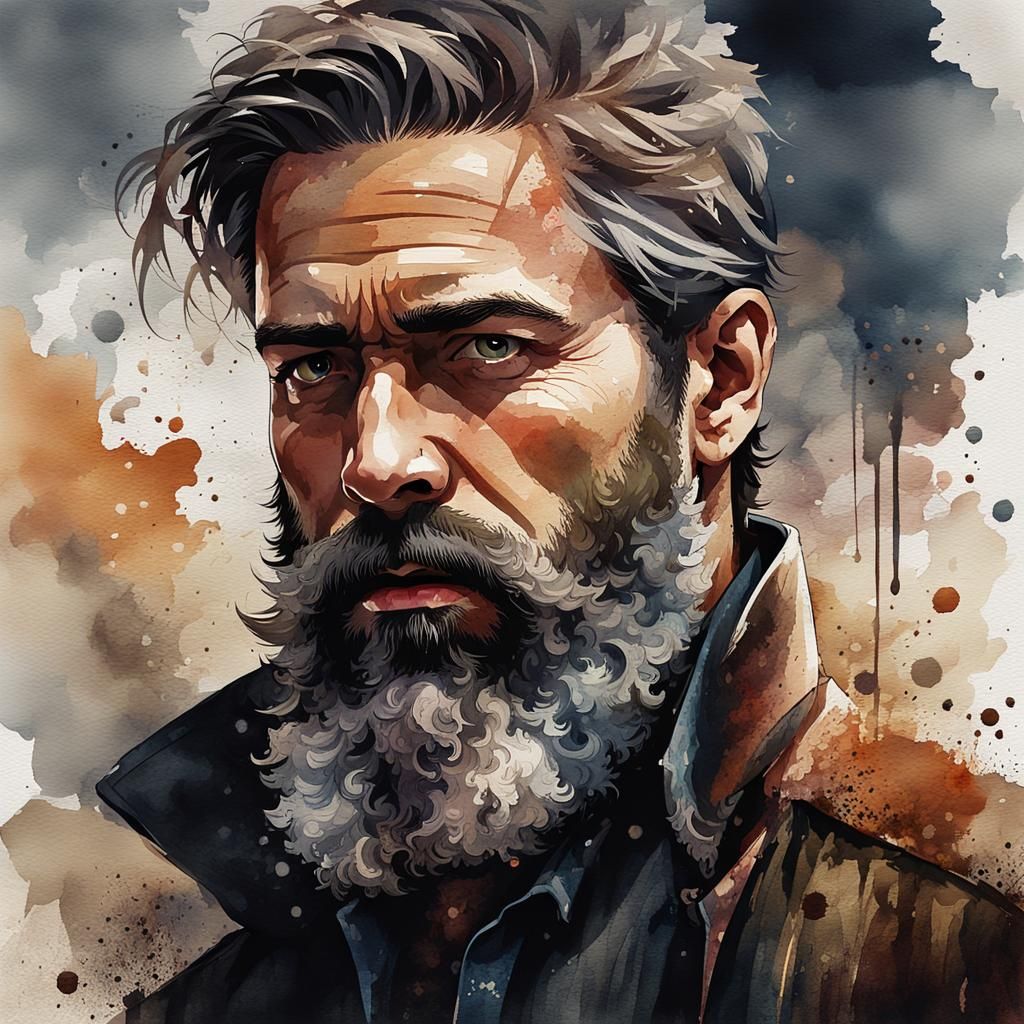 Watercolor Portrait of Weathered Man with Stylish Haircut