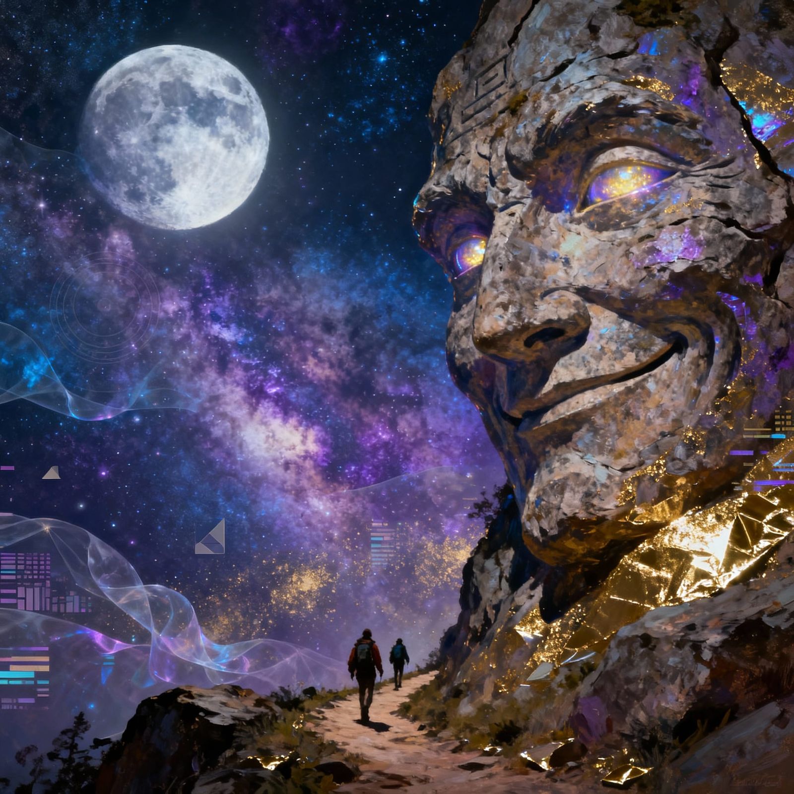 Wise Rock Face Watches Travelers Under Full Moon