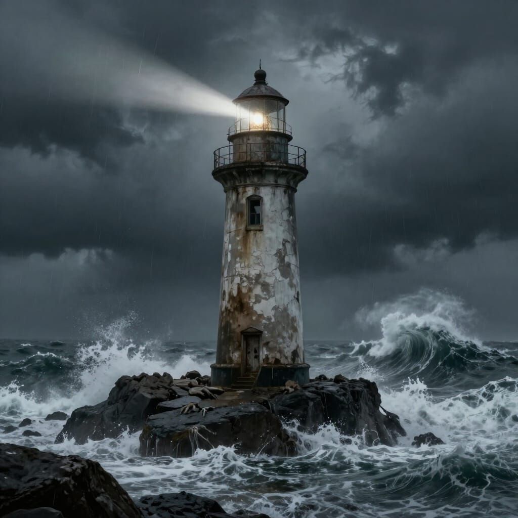 Stormy Lighthouse Beam in Chiaroscuro Style