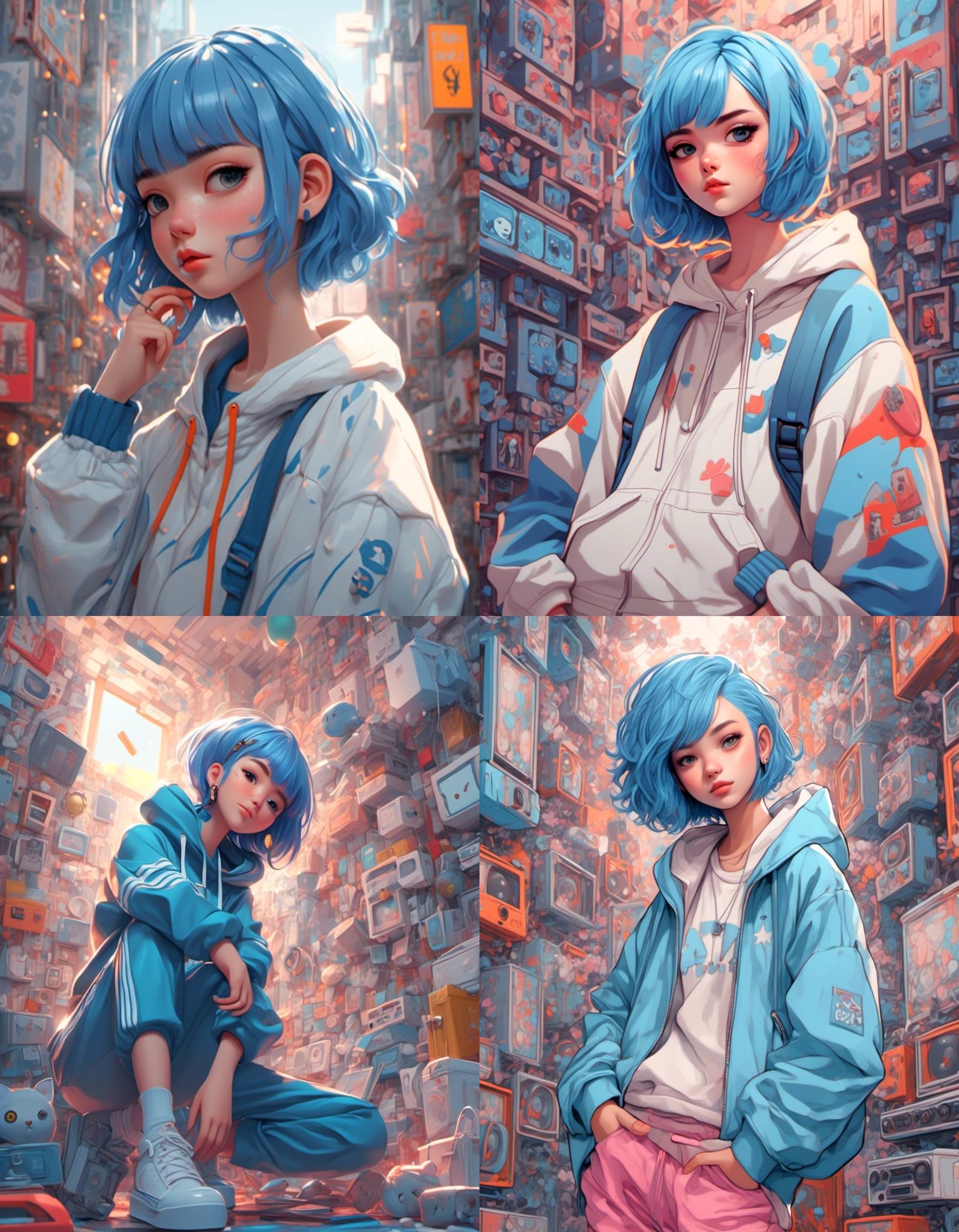 Anime Hip-Hop Girl with Blue Hair in Art Deco Style